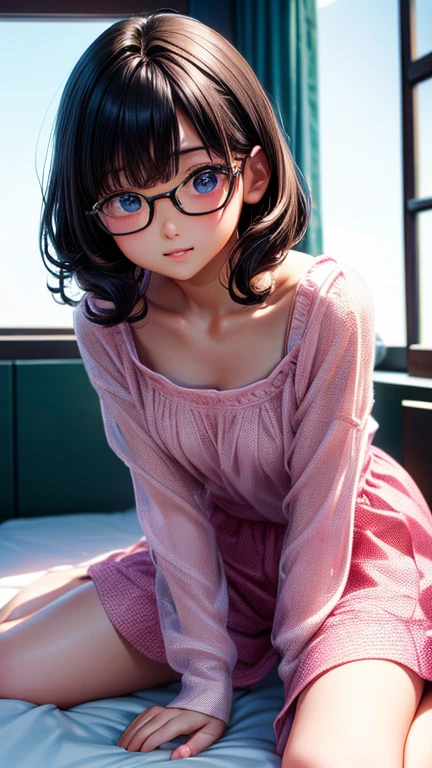 (8K、Hyper HD)On pink sheets、transparent bottom、Spread your legs、short hair, Black Hair, Curly Hair、View your audience,high school girl,Leaning forward,(Random cute clothes),(Random Animation Pose),(Thin type),(Random hairstyle),(Best image quality, (8K), Ultra-realistic, 最high quality, high quality, High resolution, high qualityの質感, Attention to detail, Beautiful details, Fine details, Extremely detailed CG, Detailed Texture, Realistic facial expressions, masterpiece, in front),(Wearing glasses:1.1)、Embarrassing