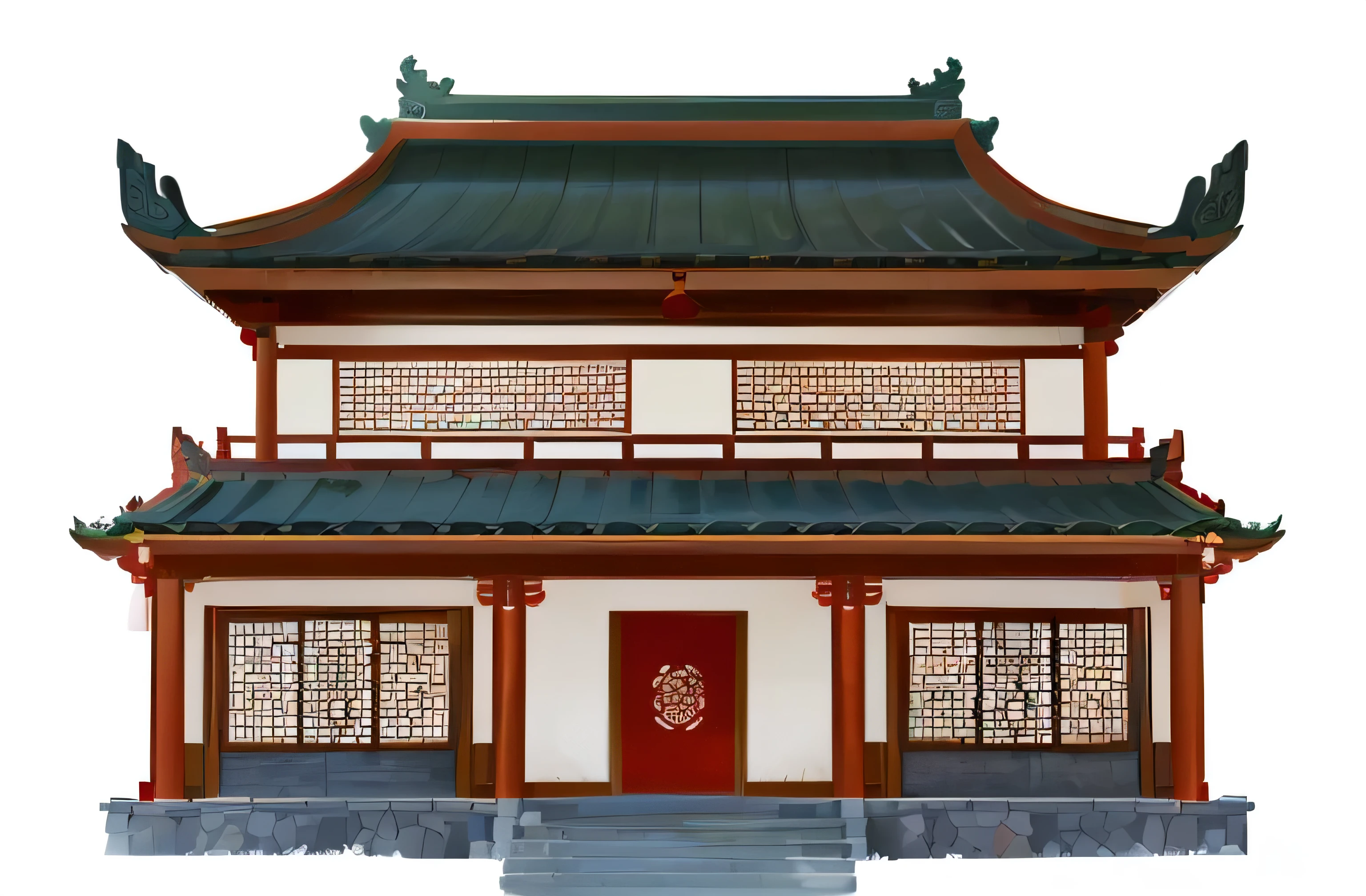 illustration of a traditional chinese house with a red door and a green roof, chinese house, temple background, chinese temple, zen temple background, chinese building, digital painting of a pagoda, an extremely detailed building, inspired by Shūbun Tenshō, background depicting a temple, artwork in the style of z.w. gu, european japanese buildings