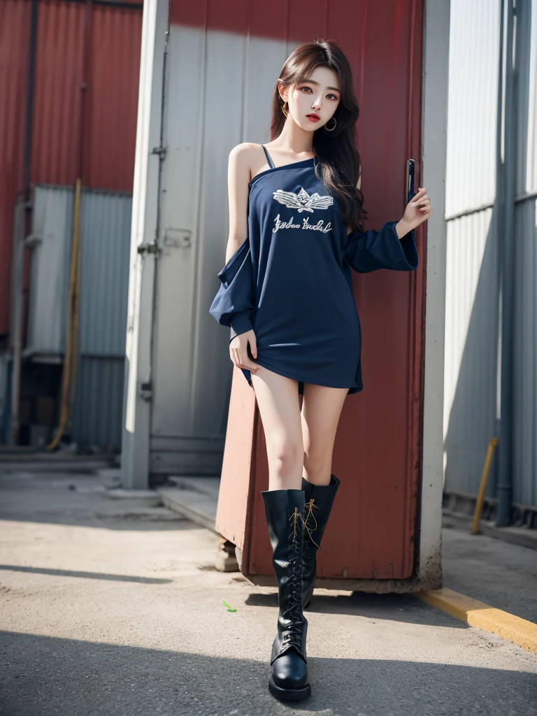 Beautiful woman wearing a hitam and dark blue Wearing swag style clothes mini dress with decorations on the shirt and visible shoulders and wearing boots and being photographed with a background And he was in the factory yard ,Korean style swag, beautiful face so gorgeous, Beautiful eyes, y2k style, 
