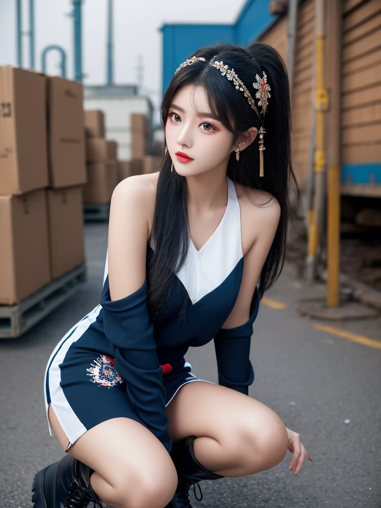 Beautiful woman wearing a hitam and dark blue Wearing swag style clothes mini dress with decorations on the shirt and visible shoulders and wearing boots and being photographed with a background And he was in the factory yard ,Korean style swag, beautiful face so gorgeous, Beautiful eyes, y2k style, 
