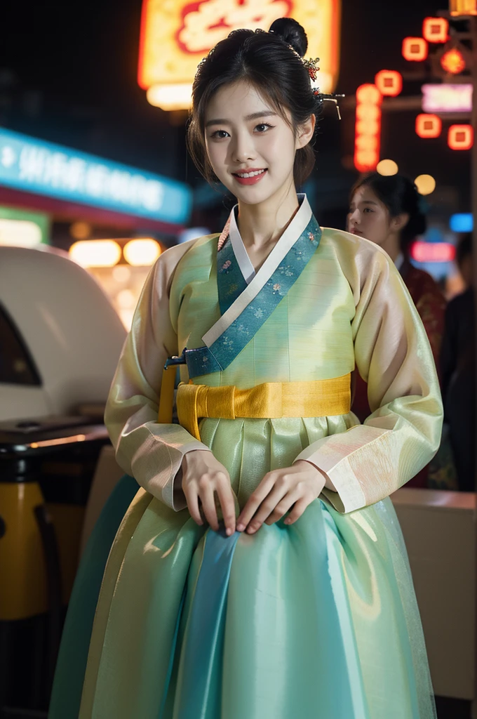 (((best quality))),(((ultra detailed))),(((masterpiece))),illustration,1girl,bun hair,(see through gauze hanbok:1.3),collar,slim,flat chest,laughing, summer night,Korean city scape, street, neon signs, beautiful, vibrant, detailed facial features,medium hair, elegance, cultural atmosphere, bustling city,tall buildings full of colorful advertisements, reflections, lively atmosphere, street food aroma,full body