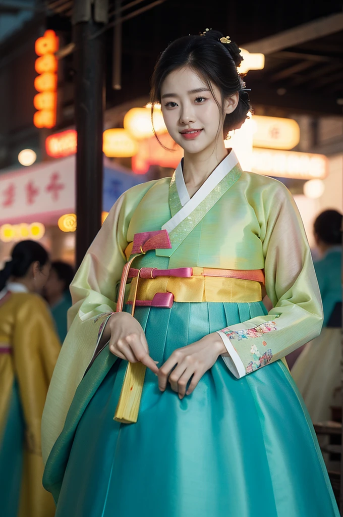(((best quality))),(((ultra detailed))),(((masterpiece))),illustration,1girl,bun hair,(see through gauze hanbok:1.3),collar,slim,flat chest,laughing, summer night,Korean city scape, street, neon signs, beautiful, vibrant, detailed facial features,medium hair, elegance, cultural atmosphere, bustling city,tall buildings full of colorful advertisements, reflections, lively atmosphere, street food aroma,full body