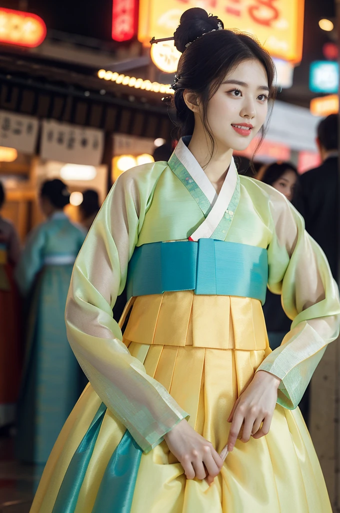 (((best quality))),(((ultra detailed))),(((masterpiece))),illustration,1girl,bun hair,(see through gauze hanbok:1.3),collar,slim,flat chest,laughing, summer night,Korean city scape, street, neon signs, beautiful, vibrant, detailed facial features,medium hair, elegance, cultural atmosphere, bustling city,tall buildings full of colorful advertisements, reflections, lively atmosphere, street food aroma,full body