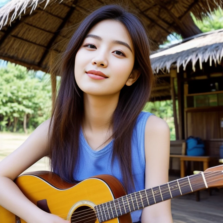 Araffi woman sitting in front of a hut with a guitar, Jae Yeon Nam, Tzuyu from two times, Korean girl, Chinese girl, Jinyoung Shin, Roseanne Park of blackpink, Korean idol, girl playing guitar, gongbi, portrait of female Korean idol, beautiful south korean women, singer-songwriter, Korean artist, Xindong Chen, Wen Feiye
