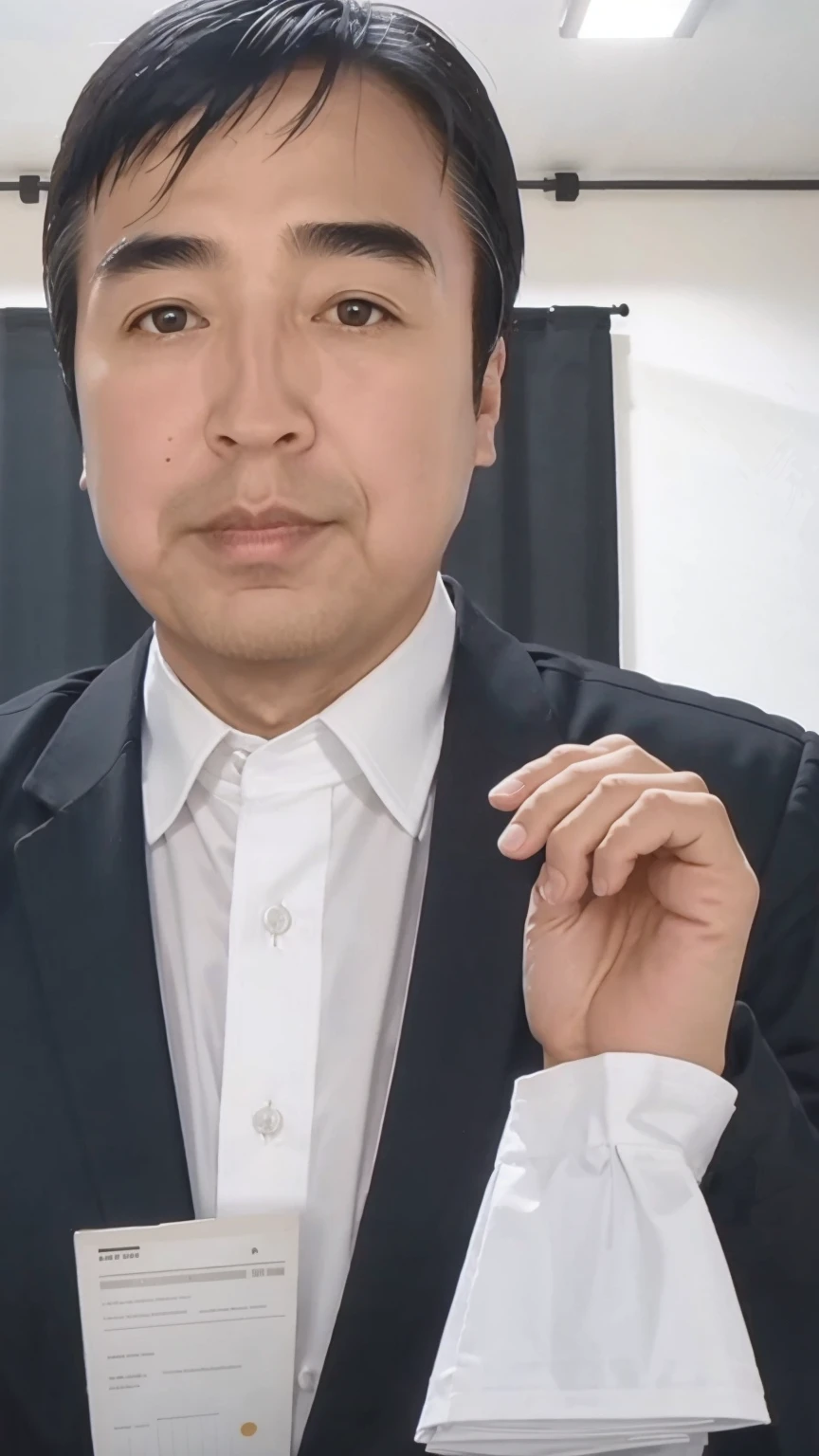 40-year-old male, Soft headlight,High-density imaging,(Thin face),((Black suit)),((Various dynamic poses)),((White curtains in the background)),best quality,masterpiece,(Soft colors:1.2)