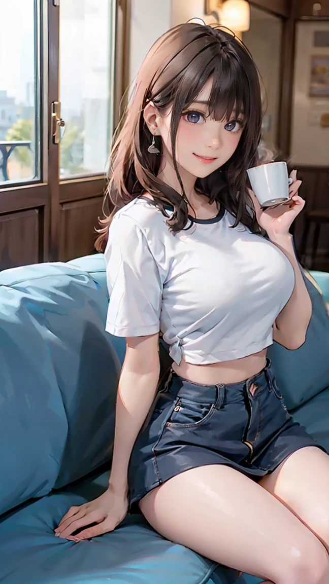 ((((highest quality)))), (((Ultra-precision CG 16K))), (((masterpiece))), (((Very detailed))), (((Extremely detailed))), (((Black outline:1.3, Written boundary depth:1.3 , Written soft outline))), Blur, Bokeh, Maximum clarity and sharpness,Multilayer Texture, Surface Shading, Cinematic lighting, Beautiful details sparkle ,Perfect Proportions, Limited to three woman, BREAK accurate, Anatomically correct, Highly detailed face and skin texture, drawn in detail, Highly detailed facial and skin texture, Detailed eyes, beautiful hair, Beautiful Japanese Idol face, Beautiful and beautiful eyes, Beautiful body, Beautiful breasts, Beautiful thighs, Beautiful legs, Beautiful fingers, (Beautiful views) , skinny body, ((Beautiful Skin)), ((Skin Texture)) BREAK breast enlarged, large Breasts, rocket breasts, slender waist, (blush, smiling:1.3,) BREAK (((oversized_shirt:1.3 , shirt untucked:1.3 , low rise mini skirt , midriff peek , ))) , wearing earrings, BREAK ((( reading a book with left hand on the sofa , leaning against the sofa , put right hand on the coffee cup , stick breast out))),(serious, from side:1.3 , from below:1.3, low angle),