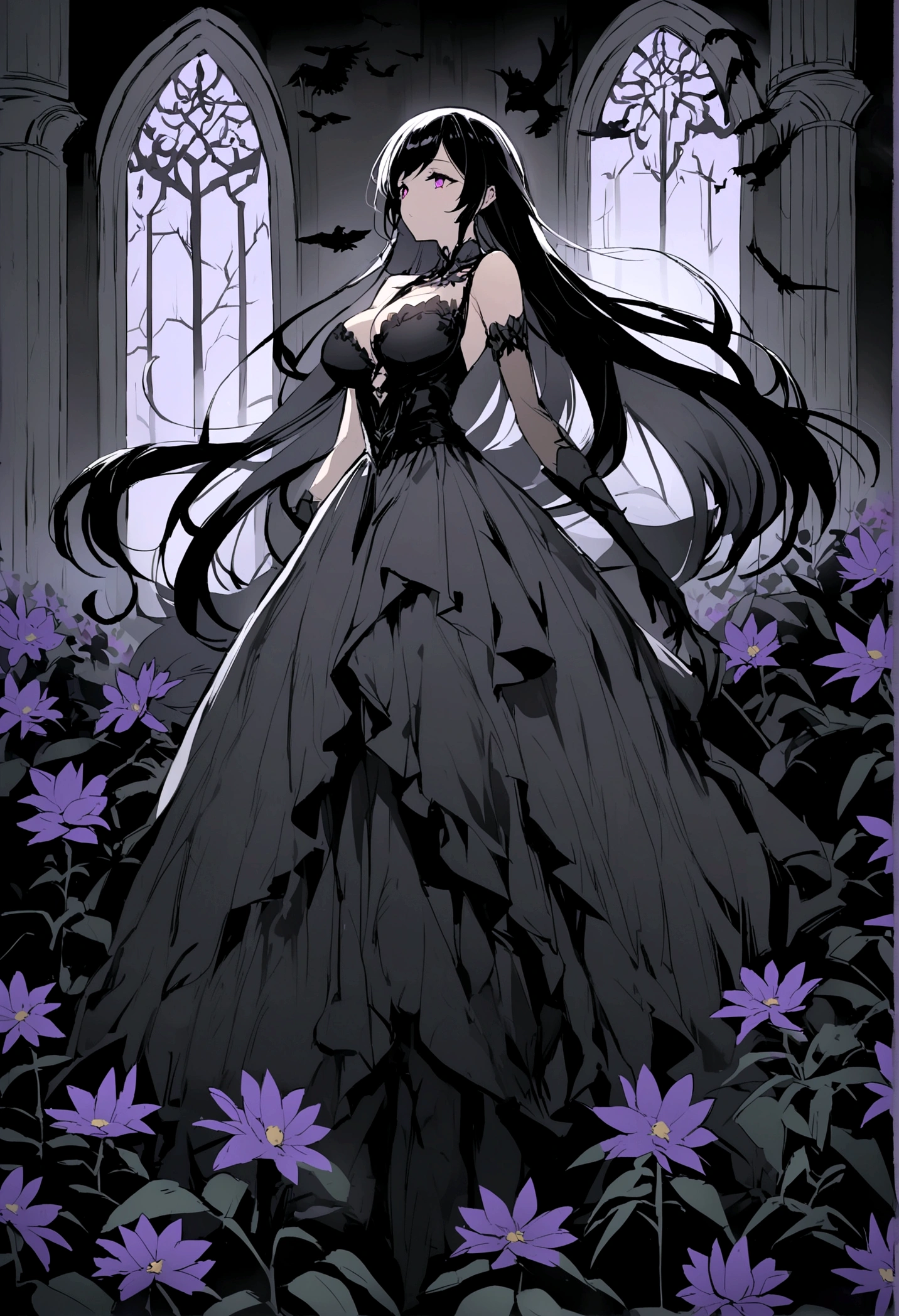 A beautiful anime-style girl with long hair and a purple flower、A contrast living in the dark graveyard（B99、W55、H68）A beautiful girl with a certain body、A beautiful immoral girl in a provocative black and grey dress、Crow、Undead、chaos、mystery、、Full Body Shot。