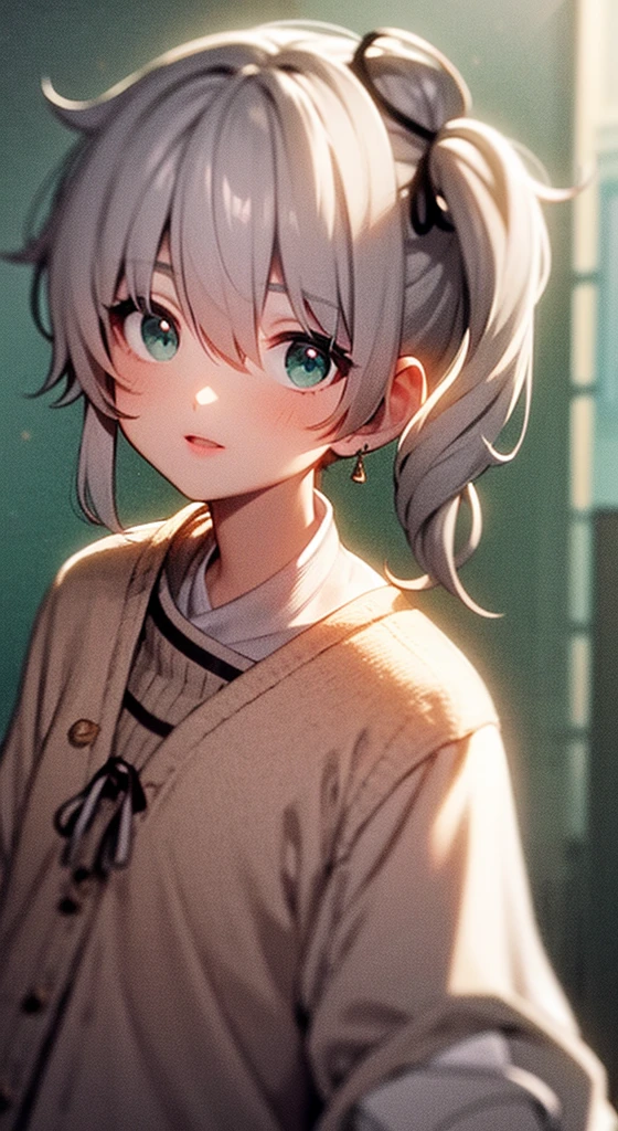 、Shoulder-length silver hair、Side ponytail and green tips、Green Eyes