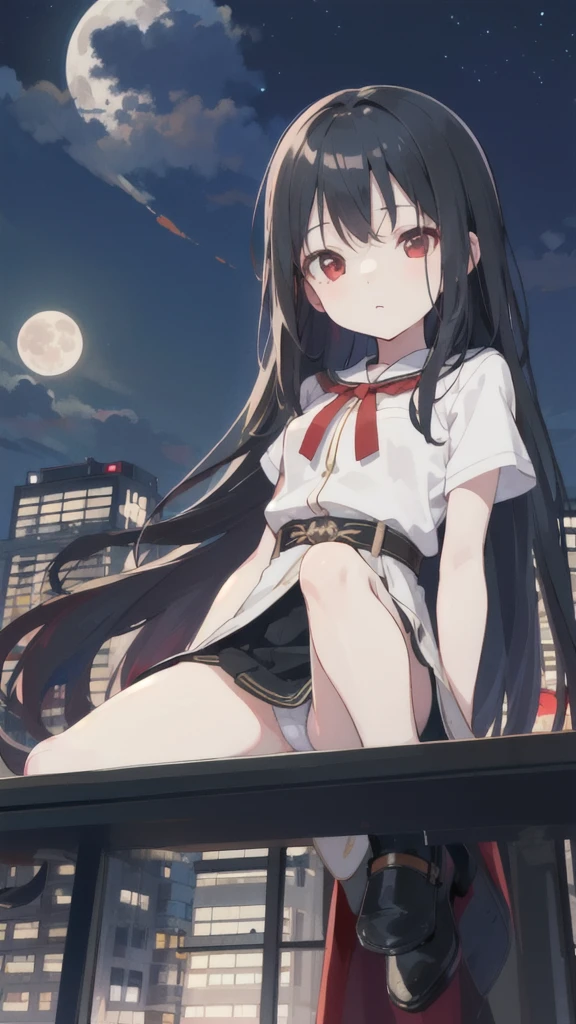 Woman 1、Red eyes、red miniature dachshund long hair、woman with very long black hair、Nice views、Night view、View from the top of the hill、Full moon night sky、Best Quality、The whole body is shown、東京のNight viewのように、Women are wearing mini skirts、Underwear is visible