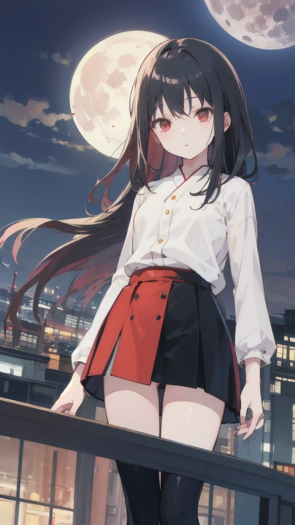 Woman 1、Red eyes、red miniature dachshund long hair、woman with very long black hair、Nice views、Night view、View from the top of the hill、Full moon night sky、Best Quality、The whole body is shown、東京のNight viewのように、Women are wearing mini skirts、Underwear is visible