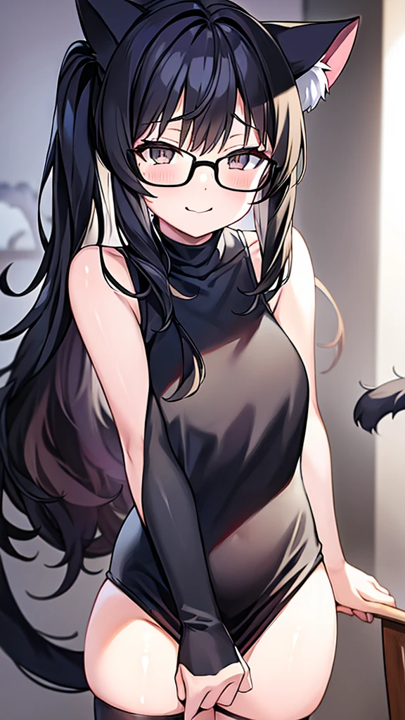 A 20-year-old cat girl with long black hair, gray eyes, cat ears and a cat tail, wears glasses, black  dresses Whole leg length sexy, sleeveless, standing