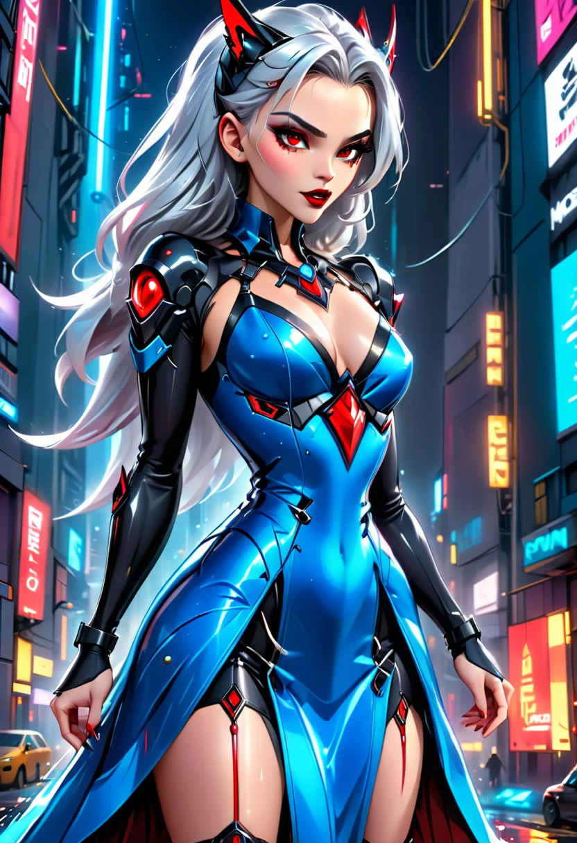 ((a photorealistic glamour shot of an exquisite, glamour mecha female vampire: 1.5)), ((full body: 1.3)), ultra feminine, pale face, silver hair, long vibrant shiny hair, glamorous hair,  red eyes, miniatures mechanical , deep penetrating eyes, red lips, ??????? lips, ((two visible vampiric fangs: 1.5), drops of blood dripping from the mouth, ((cyberpunk style: 1.5)), she wears (blue elegant glamour dress, with small delicate mechanical parts: 1.4), digital parts,  intricate details, the dress is studded with diamonds, tight suit, dynamic color, high heels, cyberpunk street at night background, (highest quality:1.2, Very detailed, up to date, Vibrant, Ultra-high resolution, High Contrast, masterpiece:1.2, highest quality, Best aesthetics), best details, best quality, highres, ultra wide angle, 16k, [ultra detailed], masterpiece, best quality, (extremely detailed), Genetically modified..., Cinematic Hollywood Film, nijimecha, liquid dress