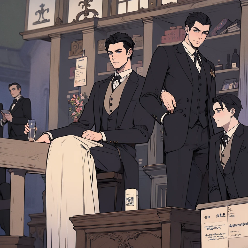 Chico, black hair, blue eyes, pale skin, black clothes, aristocrat suit, 1880s clothing,