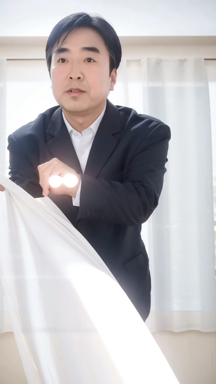 40-year-old male, Soft headlight,High-density imaging,(Thin face),((Black suit)),((Various dynamic poses)),((White curtains in the background)),best quality,masterpiece,(Soft colors:1.2)