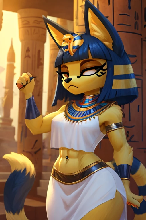 ((best quality)), ((masterpiece)), (detailed), digital artwork of a yellow cat ankha with abs wearing a crop top of her white sleeveless dress with white long dress skirt, a bare midriff and a bare navel, , Egyptian setting, anthro, furry style, tail, she looks snobbish, sideview navel piercing, blue Egyptian handbands, she has caramel in her navel