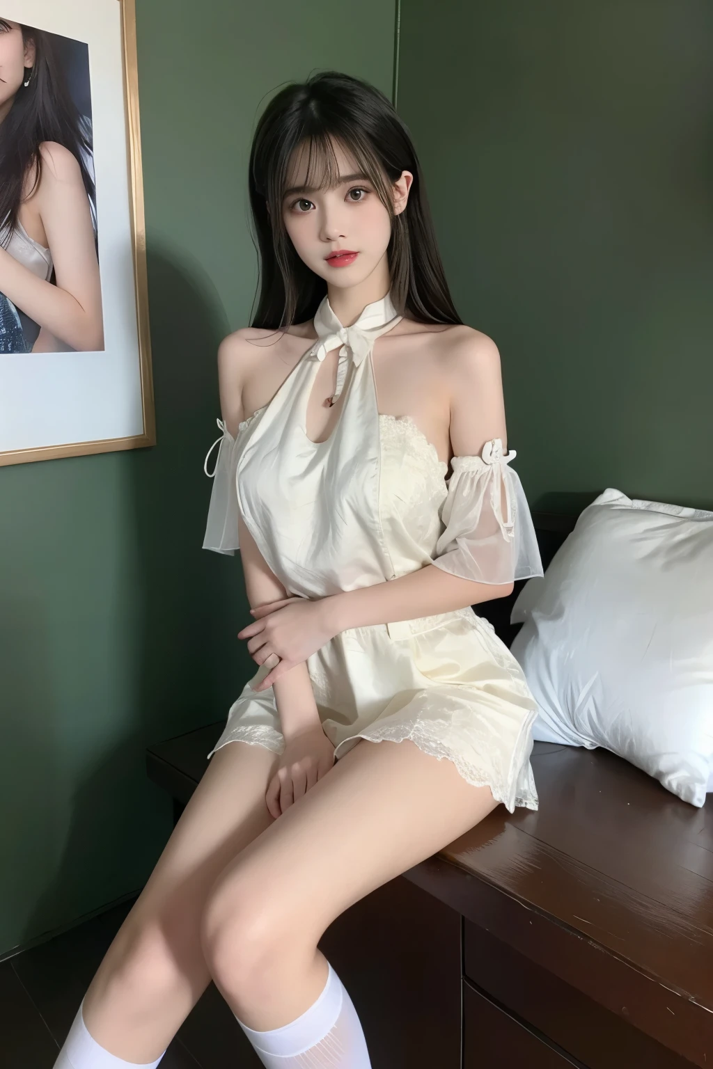 see-through, shoulders, ((Large Breasts)), ((D cup)), Visible cleavage，Highly detailed face and skin texture，(( shoulder)), Double eyelids，Skin Whitening，Long hair，Whitening long legs，Standing by the sea, Fashion Girl, Red lips, Sweet Girl, Beautiful makeup, detail, lifelike, Very detailed, Astonishing, beautiful, Young and energetic, high quality，HD, Colorful， Beautifully, Smooth skin, The skirt is very short, Official Art, Extremely detailed, Movie atmosphere, Soft colors, Natural skin texture, Random scene, random shooting Angle, Black over-the-knee socks, lace hem