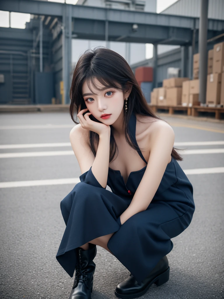 Beautiful woman wearing a hitam and dark blue Wearing swag style clothes mini dress with decorations on the shirt and visible shoulders and wearing boots and being photographed with a background And he was in the factory yard ,Korean style swag, beautiful face so gorgeous, Beautiful eyes, y2k style, 