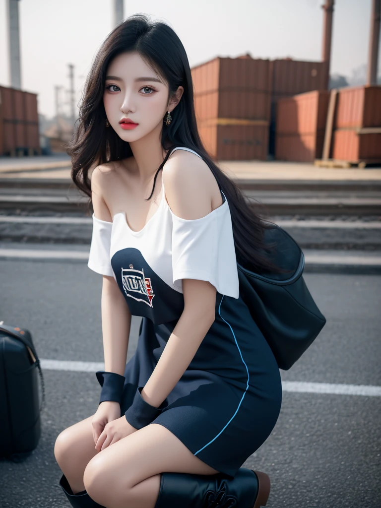 Beautiful woman wearing a hitam and dark blue Wearing swag style clothes mini dress with decorations on the shirt and visible shoulders and wearing boots and being photographed with a background And he was in the factory yard ,Korean style swag, beautiful face so gorgeous, Beautiful eyes, y2k style,