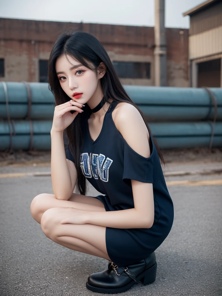 Beautiful woman wearing a hitam and dark blue Wearing swag style clothes mini dress with decorations on the shirt and visible shoulders and wearing boots and being photographed with a background And he was in the factory yard ,Korean style swag, beautiful face so gorgeous, Beautiful eyes, y2k style,