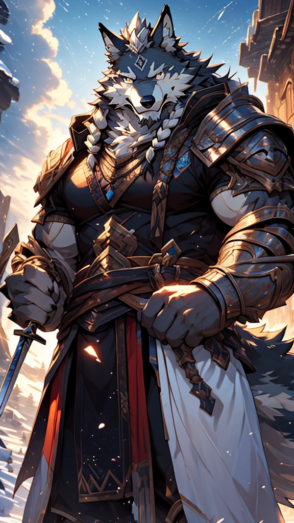 battle,fight,white armor,long blue sword in his hand,elder,gentle and soft,ice magic power,long white beard,long braided hair,solo, kemono, (old grey wolf), anthro (old wolf), anthro, male, anthro male (old wolf), anthro (old wolf), tail,muscles, handsome, general, loose cloth ,bulge, big abs, northern area,cloudy sky,wind and snowstorm,perfect lighting, (light particles),(best quality),(masterpiece),(ultra detailed),sharp focus, light particles, strong, serious,rippled muscles, ultradetailed face, ultradetailed eyes, looking at viewer, good looking, bareness, ((detailed face)),a lot of scars,the elder,elder face