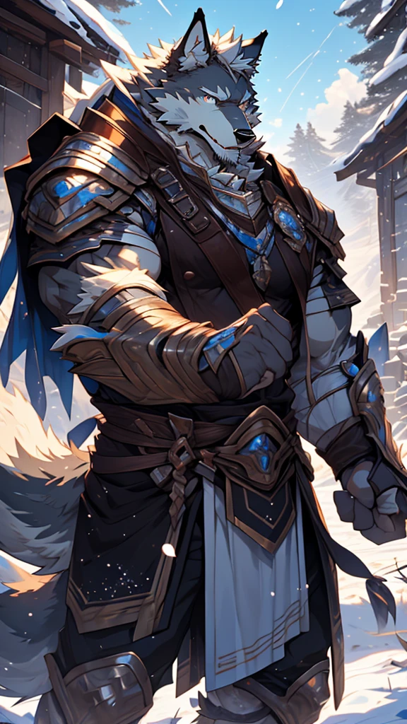 battle,fight,white armor,long blue sword in his hand,elder,gentle and soft,ice magic power,long white beard,long braided hair,solo, kemono, (old grey wolf), anthro (old wolf), anthro, male, anthro male (old wolf), anthro (old wolf), tail,muscles, handsome, general, loose cloth ,bulge, big abs, northern area,cloudy sky,wind and snowstorm,perfect lighting, (light particles),(best quality),(masterpiece),(ultra detailed),sharp focus, light particles, strong, serious,rippled muscles, ultradetailed face, ultradetailed eyes, looking at viewer, good looking, bareness, ((detailed face)),a lot of scars,the elder,elder face