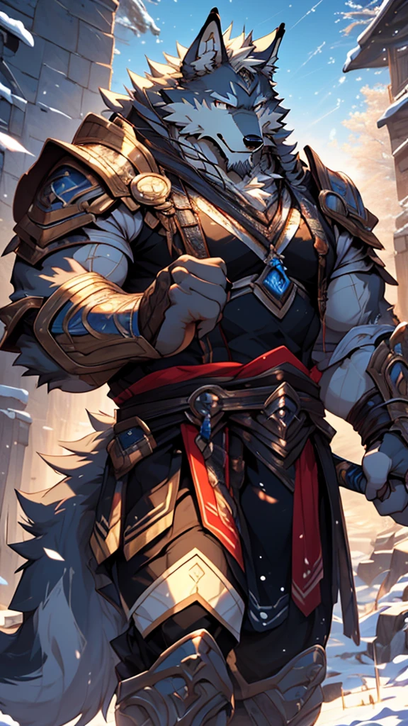 battle,fight,white armor,long blue sword in his hand,elder,gentle and soft,ice magic power,long white beard,long braided hair,solo, kemono, (old grey wolf), anthro (old wolf), anthro, male, anthro male (old wolf), anthro (old wolf), tail,muscles, handsome, general, loose cloth ,bulge, big abs, northern area,cloudy sky,wind and snowstorm,perfect lighting, (light particles),(best quality),(masterpiece),(ultra detailed),sharp focus, light particles, strong, serious,rippled muscles, ultradetailed face, ultradetailed eyes, looking at viewer, good looking, bareness, ((detailed face)),a lot of scars,the elder,elder face