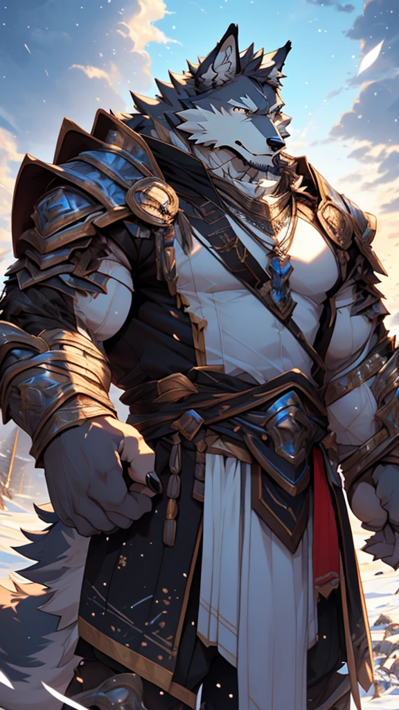 battle，fight，white armor，long blue sword in his hand，elder，gentle and soft，ice magic power，long white beard，long braided hair，solo, kemono, (old grey wolf), anthro (old wolf), anthro, male, anthro male (old wolf), anthro (old wolf), tail,muscles, handsome, general, loose cloth ,bulge, big abs, northern area,cloudy sky，wind and snowstorm,perfect lighting, (light particles),(best quality),(masterpiece),(ultra detailed),sharp focus, light particles, strong, serious,rippled muscles, ultradetailed face, ultradetailed eyes, looking at viewer, good looking, bareness, ((detailed face)),a lot of scars,the elder，elder face