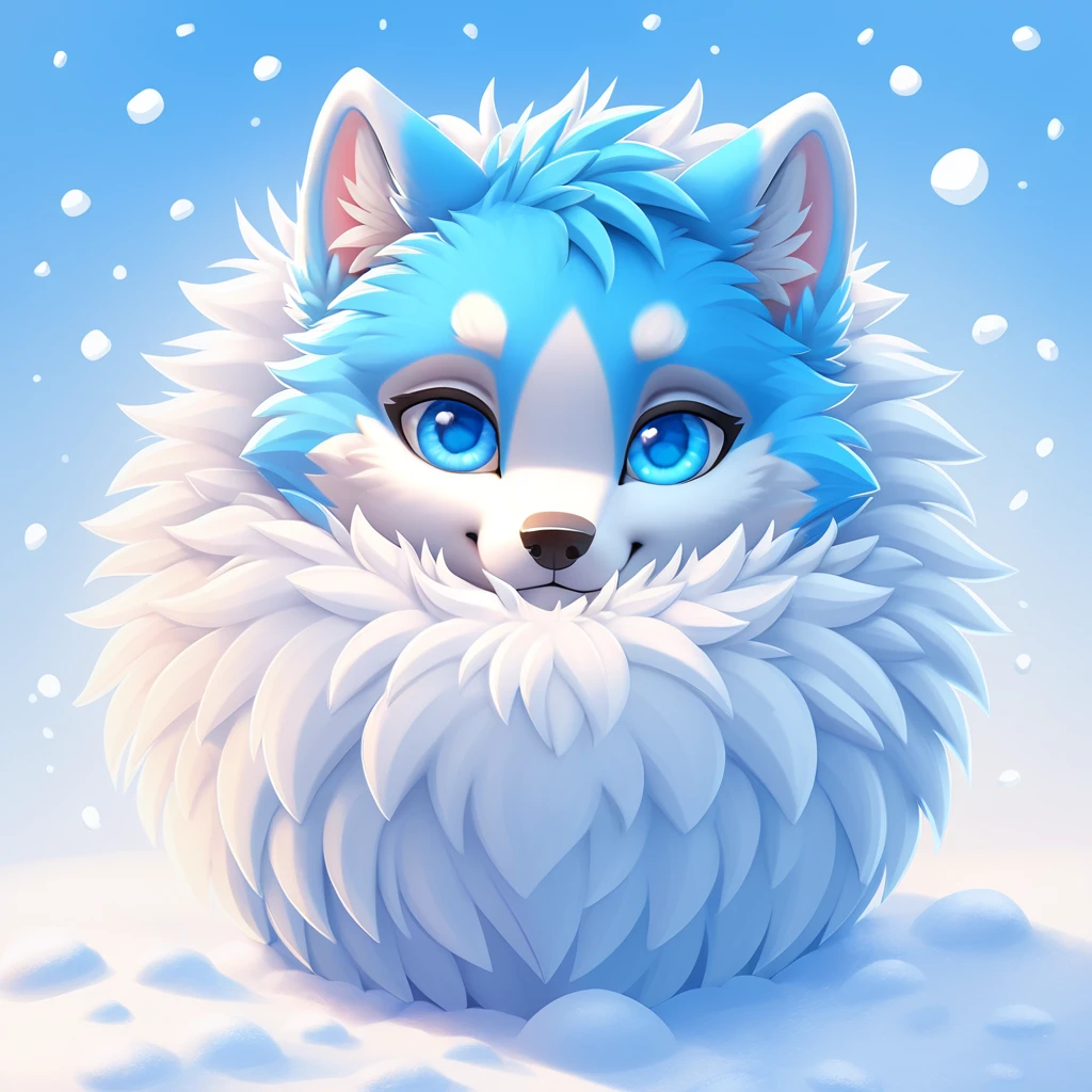 fluffy cute ball of Husky with vivid blue eyes on the snow