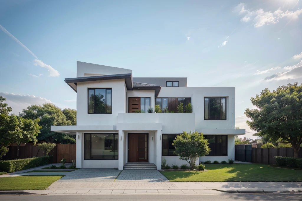 (masterpiece), (high quality), best quality, real, (realistic), super detailed, (full detail), (4k),8k, modern house exterior design, Modern architecture, beautiful sky, Day light, no humans, outdoors, sky, tree, Garden flower front of building,