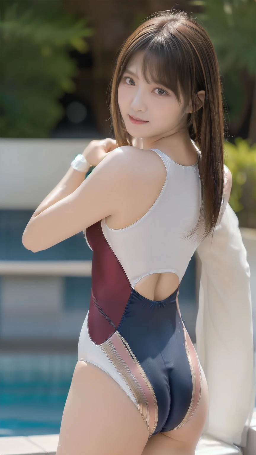 ((Highly detailed skin), Beautiful realistic face, White skin, Pointed , Small , Perfect , Realistic eyes, Natural Eyes, Brown eyes, Accurate eye focus, Accurate limbs), (Hyper Realist, Ultra-realistic, 4K, Attention to detail, Ultra-high resolution, Highest quality, masterpiece, Presence, dynamic, Uplifting, bold, Sharpness), (Thinning hair:2), (Soft Hair:2), (Straight hair:1.5), Long, slicked bangs, Light copper amber hair, Hair on one eye, (Twin tail hair), (Wearing a competitive :1.5), The shine of competitive swimsuits, Metallic colors競泳, Metallic Racing , (Metallic high leg ), Metallic School , Sleeveless metallic , ({Metallic red color| Metallic purple color| Metallic white color| Metallic navy color| Metallic pink color| Metallic gold color| Metallic silver color| Metallic black color| Metallic colors} color), (Indoor Poolside), (:1.3), Tall, Small waist, Elongated arms and legs, Model Body Type, Small , (, ), I'm sticking my  up, Sticking out her , Accentuate your , The  is digging into her , smile, Full body portrait, Put your  close, Accentuate your , Looking into the camera,