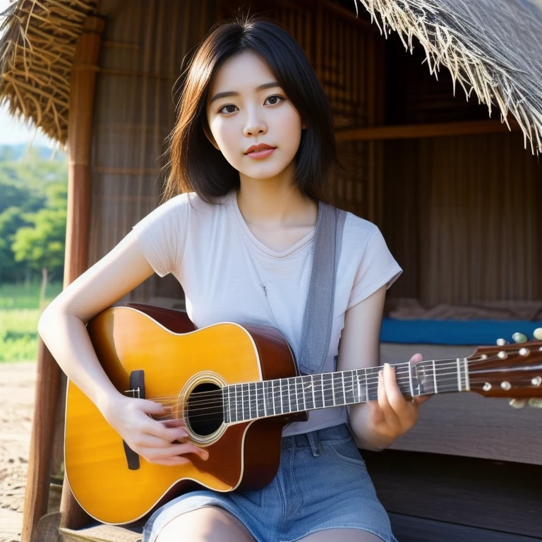 Araffi woman sitting in front of a hut with a guitar, Jae Yeon Nam, Tzuyu from two times, Korean girl, Chinese girl, Jinyoung Shin, Roseanne Park of blackpink, Korean idol, girl playing guitar, gongbi, portrait of female Korean idol, beautiful south korean women, singer-songwriter, Korean artist, Xindong Chen, Wen Feiye