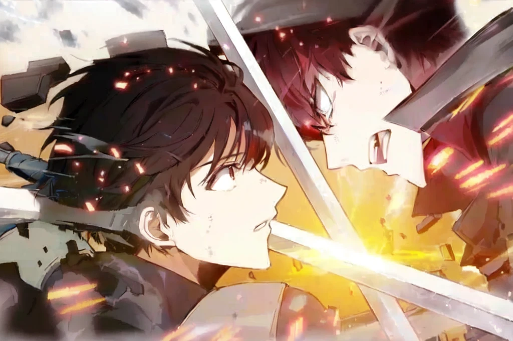 anime characters are fighting with swords in a scene with a sky background, still from tv anime, key anime visuals, still from anime, screenshot from the anime film, shuushuu anime image, today's featured anime still, anime fight, style of red line anime movie, aesthetic award winning anime, screenshot from guro anime, anime still film anime shikishi