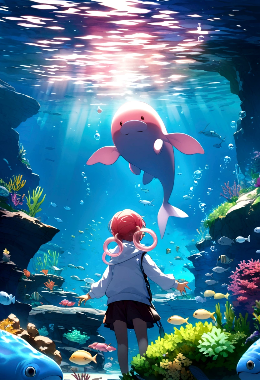 (Highly detailed CG Unity 8k wallpaper)、Highest quality、Ultra-detailed、(beluga:1.?????hale bubble rings、Ring of air、Underwater、aquarium、Children watching