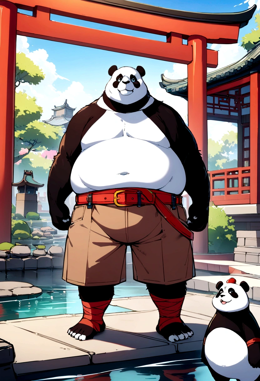 kfp_po, giant panda, (two-tone fur, panda:1.1), fat, chubby, body fur, head tuft, green eyes, belt, brown shorts,paws, foot wraps,looking at viewer, serious, smiling,
standing, outside, chinese garden, koi pond, red torii, blue sky, extreme detail, masterpiece, fantasy,