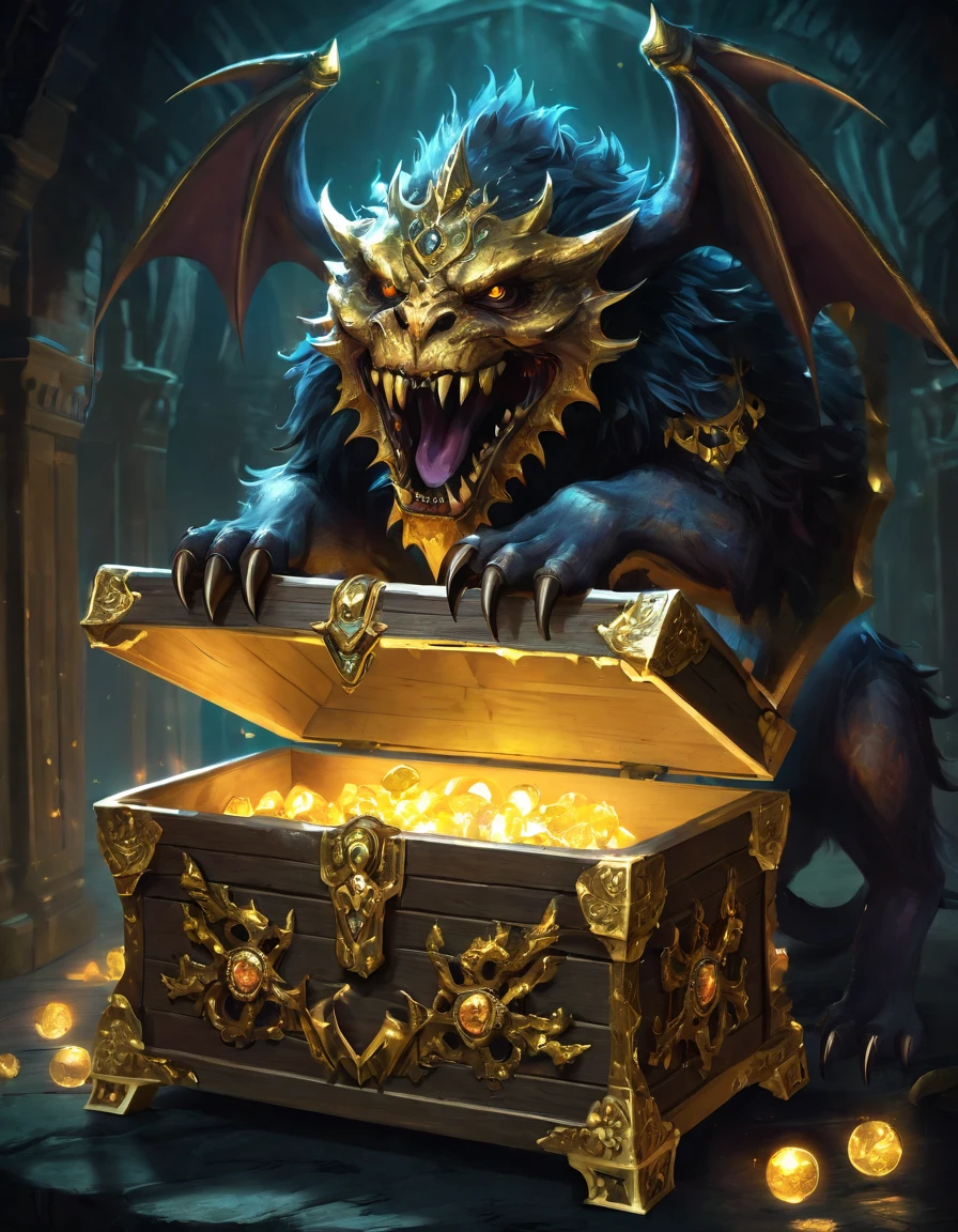 a monster disguised as a treasure chest, highly detailed, intricate design, ornate golden accents, glowing magical aura, sharp claws and teeth, ominous presence, fantasy, dark moody lighting, cinematic composition, dramatic shadows, rich colors, digital painting, concept art, award-winning