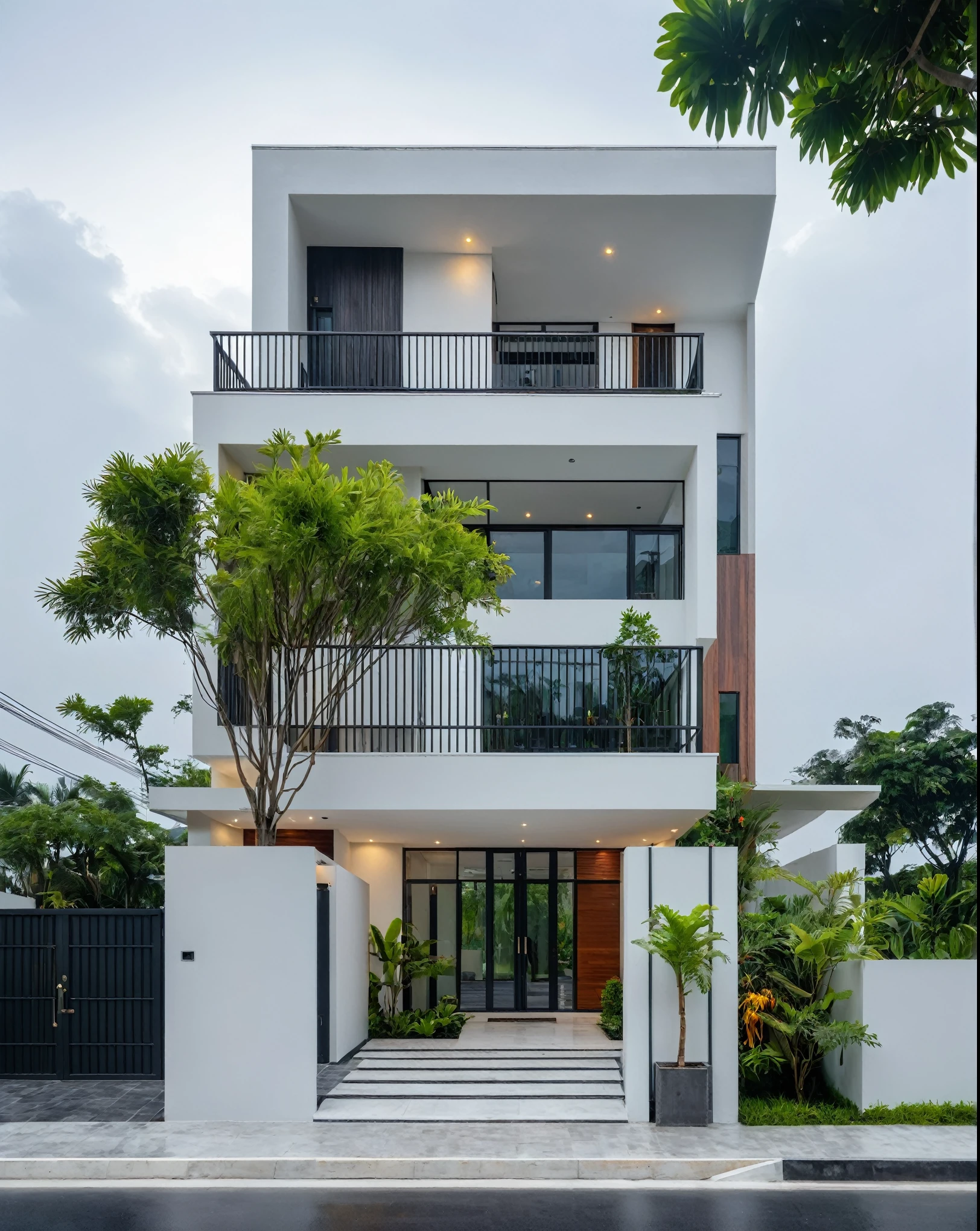 RAW photo, a photo of a modern villa, sidewalk, sidewalk trees, steel gate, road, viet nam modern residence, a car parked in front of it, rough white wall, new residential area, wide angle exterior 2022, contemporary house, exterior photography, masterpiece, contemporary architecture, overcast, indirect lighting