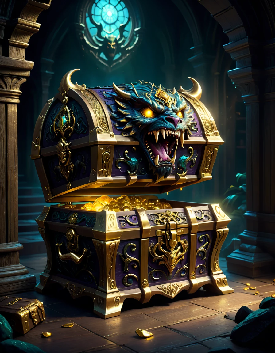 a monster disguised as a treasure chest, highly detailed, intricate design, ornate golden accents, glowing magical aura, sharp claws and teeth, ominous presence, fantasy, dark moody lighting, cinematic composition, dramatic shadows, rich colors, digital painting, concept art, award-winning
