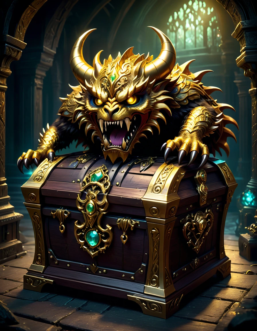 a monster disguised as a treasure , highly detailed, intricate design, ornate golden accents, glowing magical aura, sharp claws and teeth, ominous presence, fantasy, dark moody lighting, cinematic composition, dramatic shadows, rich colors, digital painting, concept art, award-winning