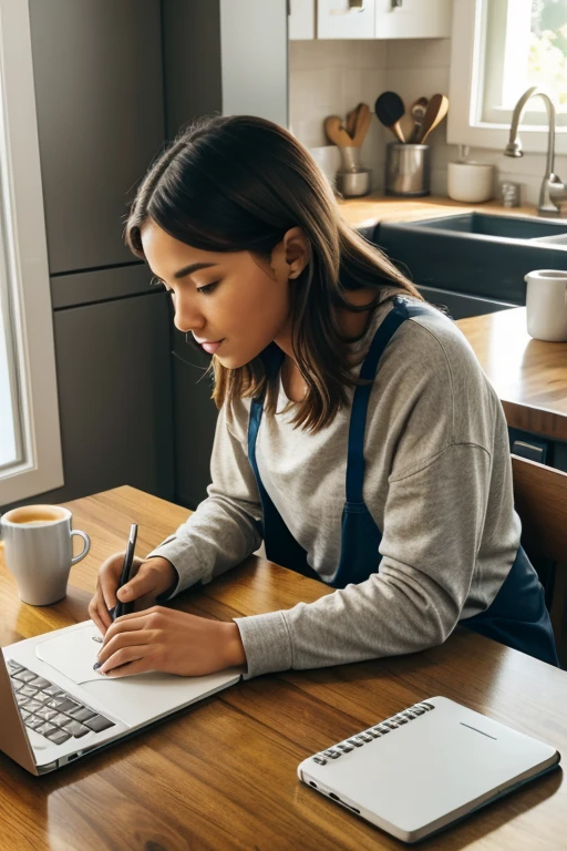 A person working on a laptop at a kitchen table, with a cup of coffee, notepad, and phone nearby. The background shows a homey kitchen setting with some natural light.