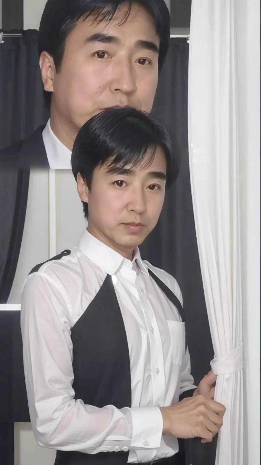 40-year-old male, Soft headlight,High-density imaging,(Clean and delicate face),((Black suit)),((Various dynamic poses)),((((Half-length photo)))),((White curtains in the background)),best quality,masterpiece,(Soft colors:1.2)
