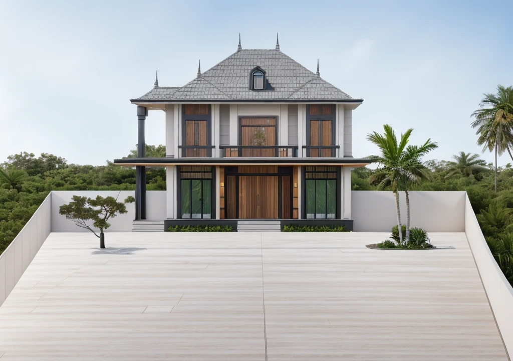 1 main wood door, slope roof, many glass door, concrete, wood wall,white, modern villa, palm, plant, beautiful sky, wood facade, architecture, beautiful, masterpiece, best quality, super detailed, realistic, photorealistic, 8k, sharp focus, droste effect photography, macro photography
