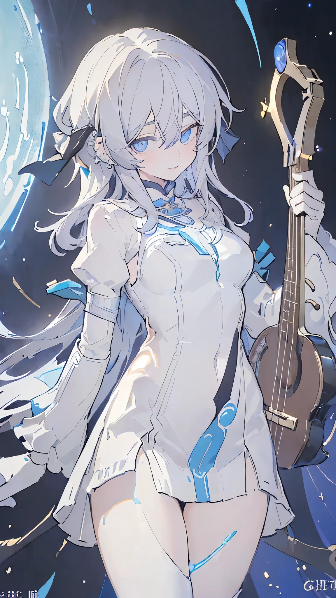 Name: Celeste Starling
Element: STELLARA
Description: A radiant and enigmatic bard, wielding the power of the night sky. With a lute in one hand, and a twinkle in her eyes, Celeste dazzles audiences with her music and hypnotic charisma.
Prompt: ((((MетсяРеспет достоинство, высочайшее качество, ультравысокое разрешение)))), 1girl, sitting, (((doll knees, doll elbows, ((doll joints:1.2, action figure limbs:1.2, segmented body))), [starry night sky body], (segmented waist), (doll waist), (long, wavy, silver hair), ((piercing blue eyes)), ((glowing_eyes)), (((ultra detailed eyes:0.7, beautiful and detailed face, detailed eyes:0.9))), ((centered)), (close up), facing viewer, (((night scene, constellations, moon:0.9))), medium breasts, holding lute, ((wise smile)), ((perfect hands)), (((head:1, arms, hips in view, elbows, thighs, in view))), ((lute at chest, left hand touching strings)), bright eyes, beautiful lighting, inside, interior, ((defined subject)), 28 years old, (head tilt), (((ethereal))), ((creative)), (((high contrast, cinematic lighting)))