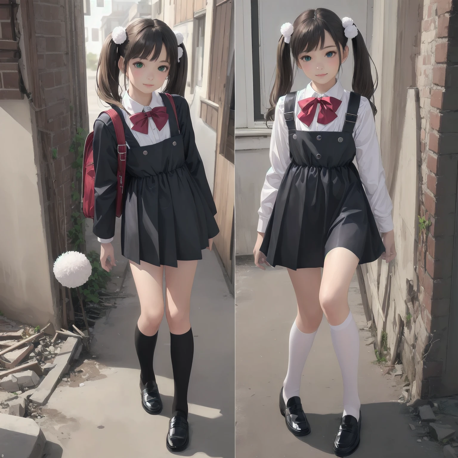 One girl,Highest quality,Super detailed,High resolution,(photoRealistic, Realistic, photo-Realistic:1.2),(9,Flat Chest),bangs,(smile:0.3),,shigure ui (virtual),Dilapidated,,Backpack,bag,bangs,Long black dress,Black footwear,blush,Pompom hair ornament,Collared shirt,Green Eyes,Knee-high,Light brown hair,loafers,Long sleeve,Below the knee apron dress,Pleated dress,school bag,Red Bow,,Sleeveless dress,Twin tails,White legwear,White shirt,anime