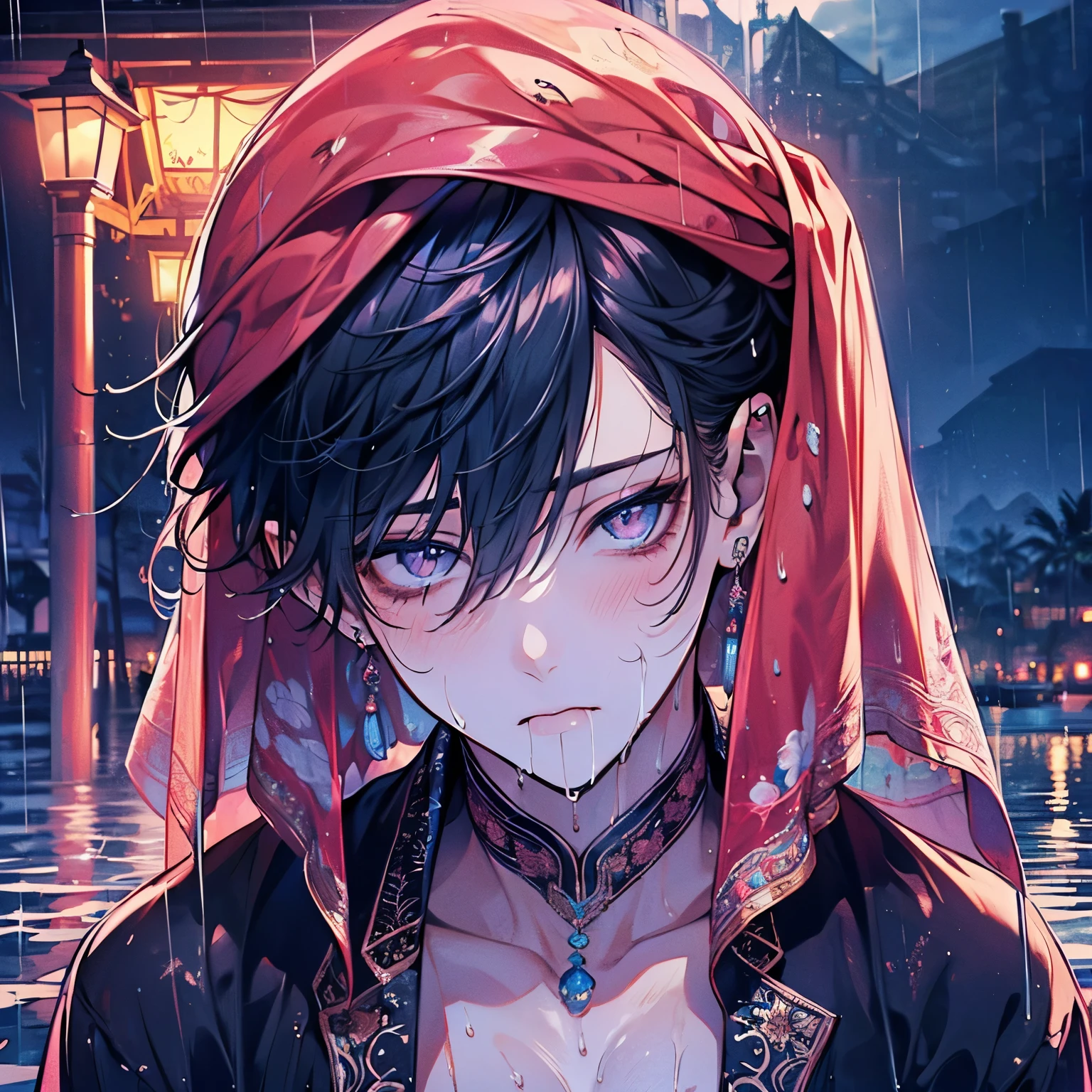 ((male:1.5)),(forhead mark),((White hair)),((rainy:1.2)),(nsfw:1.3),((high quality:1.2)),((perfect picture:1.2)),((beautiful image:1.2)),((high view:1.2)),blush,(marine:1.2),((Wet Hair:1.3)),((perfect hand:1.0)),Falling into Pleasure,(Arabian costumes:1.25),