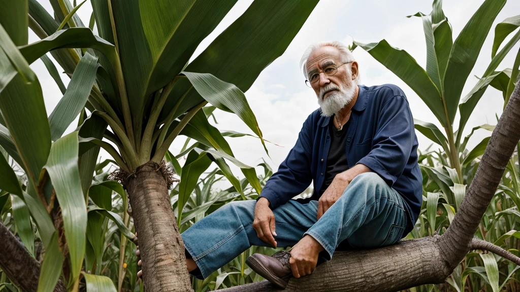 An anime old man sitting in the bottom of a tree in the centre of a corn field he he must look like the most experienced man on the world