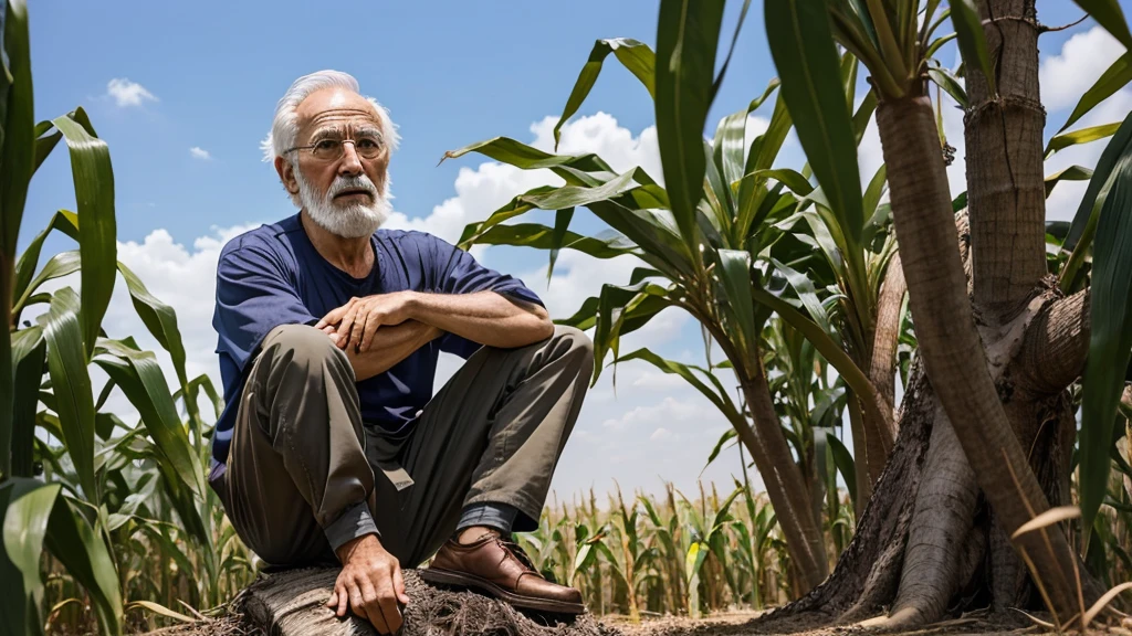 An anime  old man sitting in the bottom of a tree in the centre of a corn field he he must look like the most experienced man on the world 