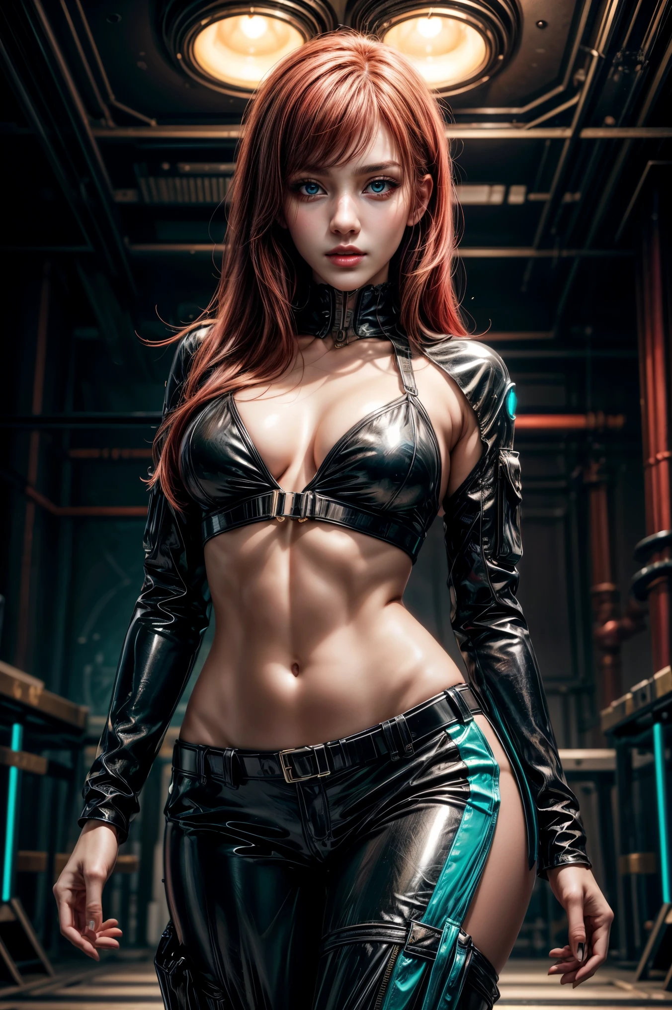 detailed background, laboratory, neon, masterpiece, best quality, fantasy concept art, cgstation trending, bio-luminescent, complex outfit, 1girl, solo, strutting, in runway, cyberpunk, cargo pants, posing seductively, alien, closeup, latex, shiny skin, shimmers, masterpiece, best quality, dynamic pose, aesthetic, beautiful face, teal, sci-fi, best quality, super high res, sexy, red hair, beautiful and realistic face, ultra realistic face, accurate ultra realistic face, ultra - realistic face, model, tiny waist, ultrarealistic uhd faces, extremely realistic faces, beautiful highly symmetric face, hyper realistic face, all_white latex 
