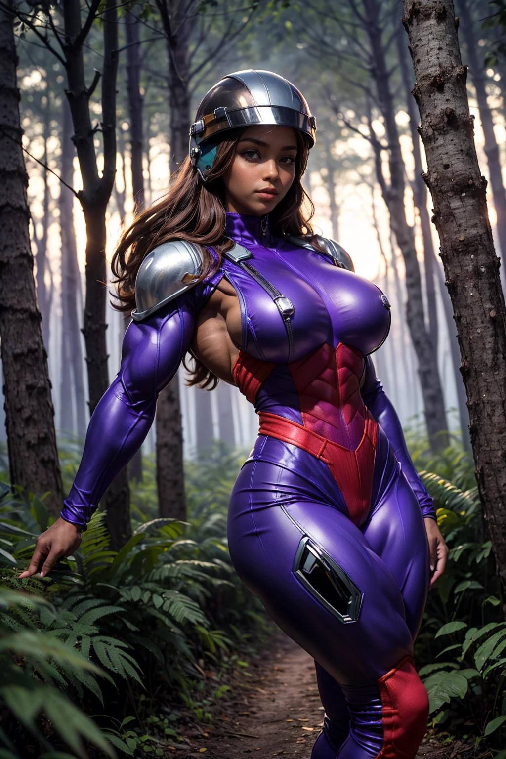(Muscular:2), (thick thighs:1), (large round breasts:1), (large muscular chest and shoulders:1.4), FEMALE, brown hair, long brown hair, (big smile:0), (wearing a tight purple spacesuit with helmet:1.5), looking at viewer, (three quarter view:1.2), upper body view, (smoky forest at night:1.5), dark lighting, detailed skin, detailed eyes, (dark skin:1.4), (very thin waist:1.3), (huge round muscles:1.5),