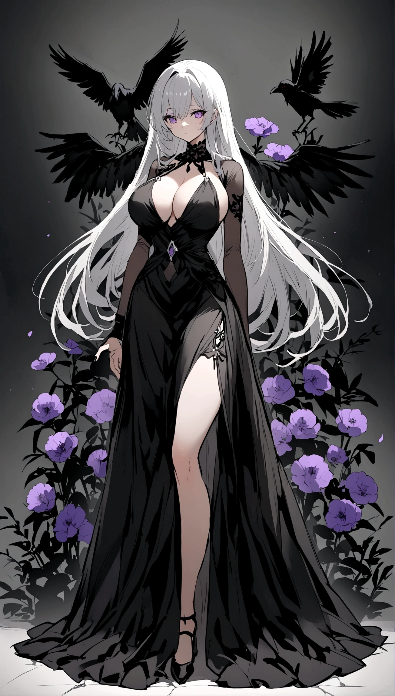 A beautiful anime-style girl with long hair and a purple flower、A contrast living in the dark graveyard（B99、W55、H68）A beautiful girl with a glamorous body、A beautiful immoral girl wearing a black and gray adult dress、Crow、Undead、chaoystery、Big Breasts、Full Body Shot。