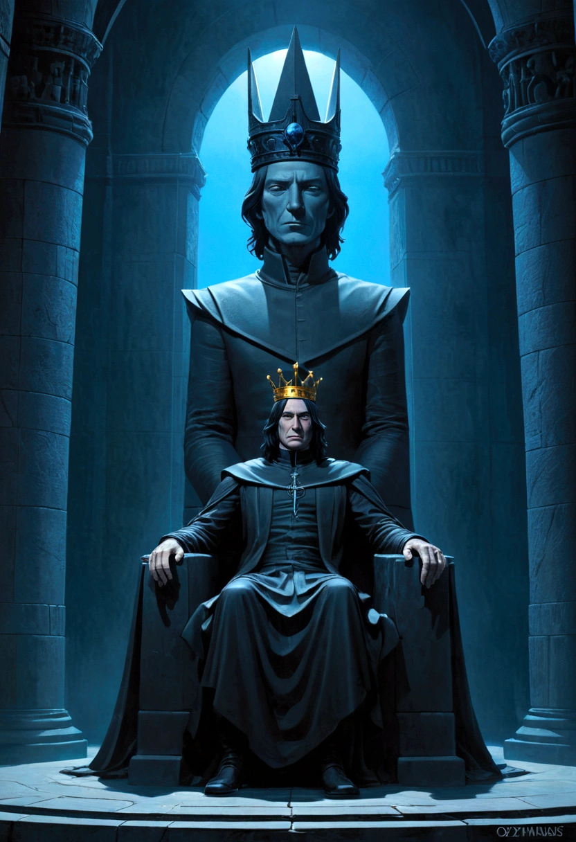 a close up of a statue of a severus snape with a crown on his head, ozymandias, kilian eng. mœbius, detailed cover artwork, inspired by Philippe Druillet, color spread, lich vecna (d&d), symmetry!! portrait of hades, the glowing throne, moebius and kilian eng